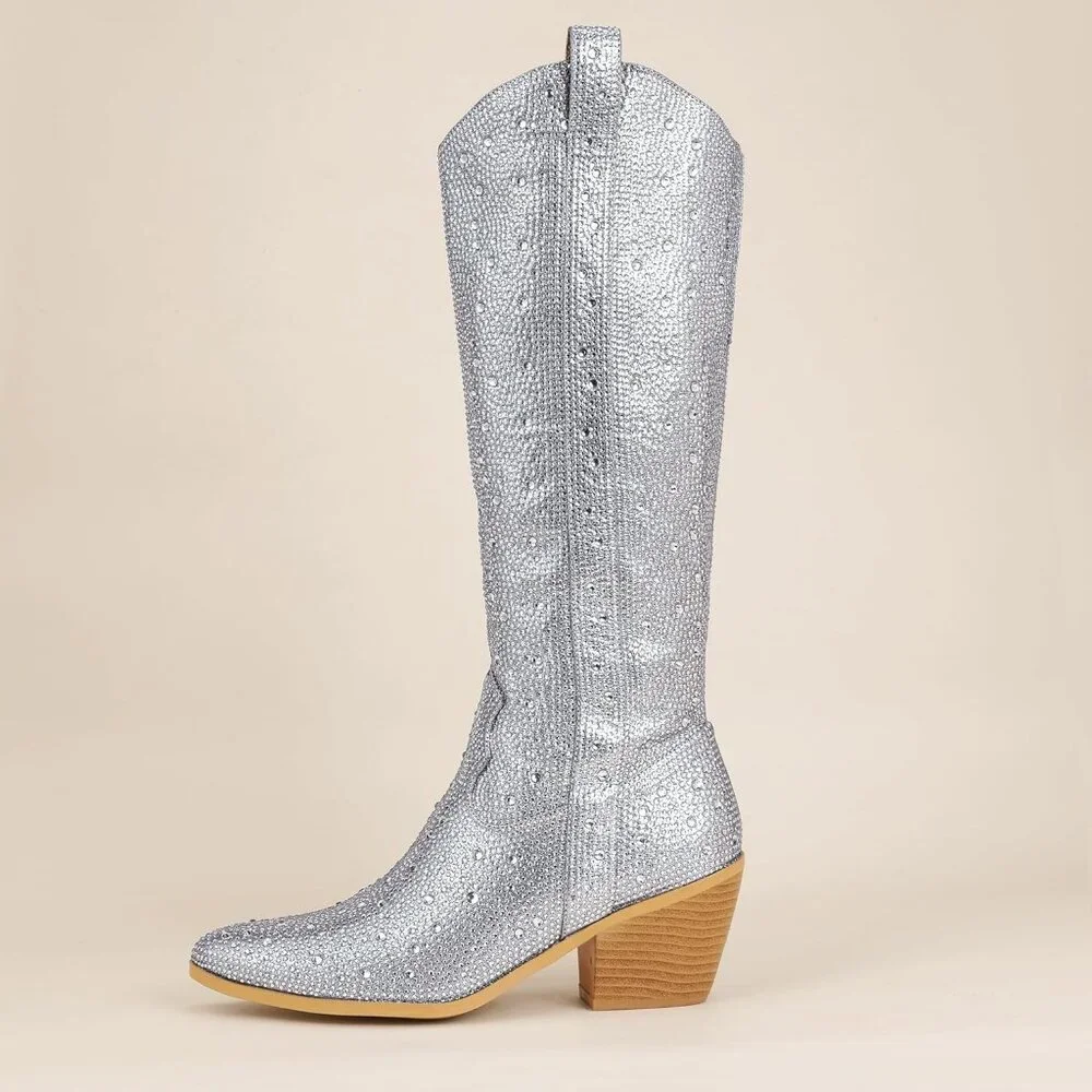 Women's Rhinestone Cowboy Boots Knee High Western Cowgirl Boots Pointed Toe